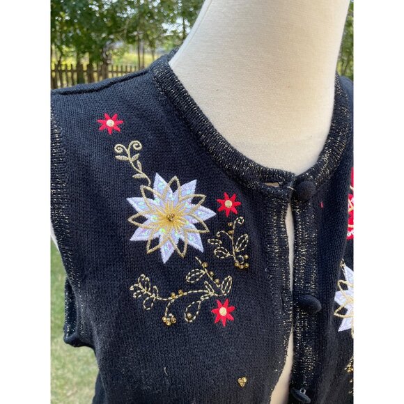 Merry & Bright Womens Medium Sleeveless Black Knit Vest Festive Floral Embroider - Picture 3 of 8